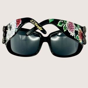 Vintage Ed Hardy Black Tattoo Skull & Roses Rhinestone Women's Sunglasses